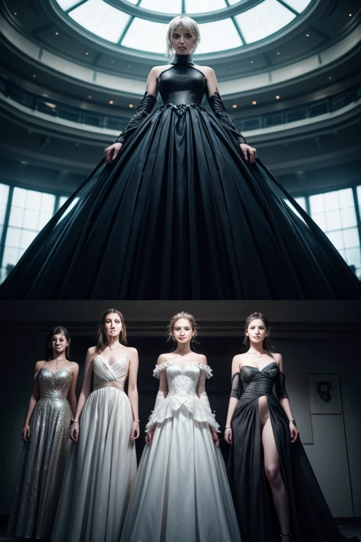 group of designers creating futuristic dresses