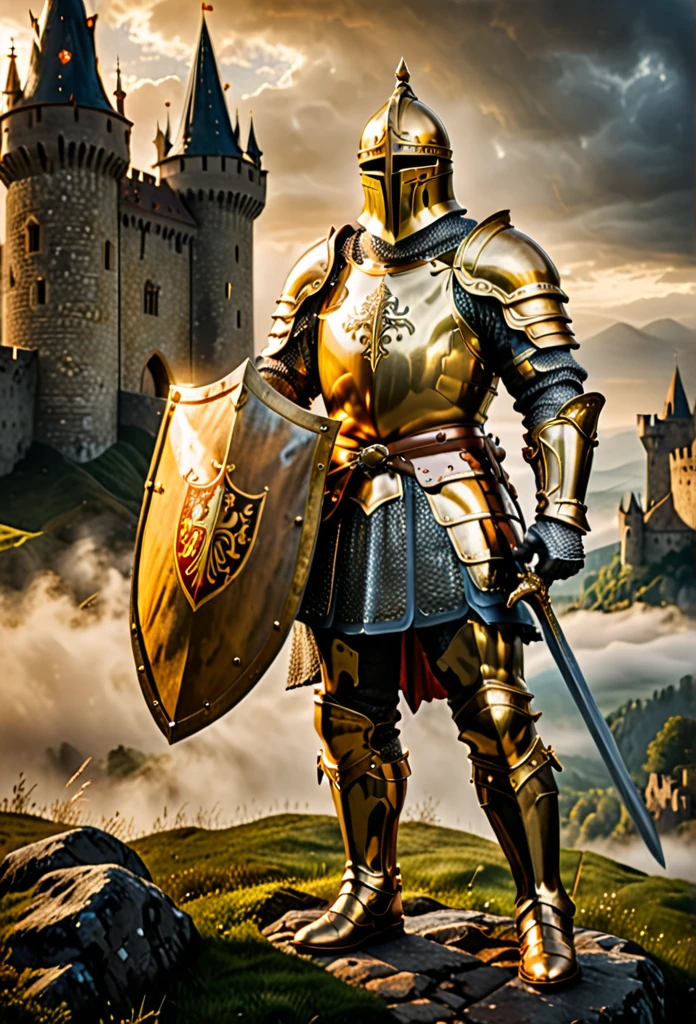 a knight in shining armor,medieval knight,heroic knight,golden armor,glowing armor,sword and shield,majestic pose,noble expression,courageous,graceful movements,medieval castle,fantasy landscape,dramatic lighting,mist and fog,cinematic angle,epic scale,detailed textures,(best quality,4k,8k,highres,masterpiece:1.2),ultra-detailed,(realistic,photorealistic,photo-realistic:1.37),volumetric lighting,chiaroscuro,dramatic colors