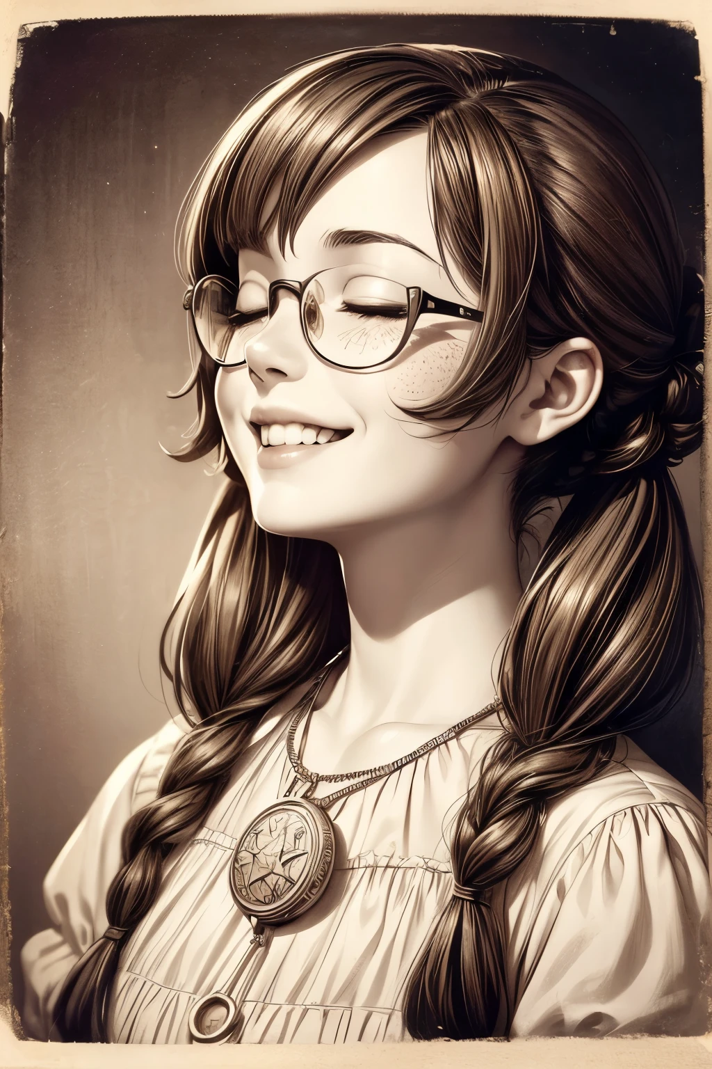 (masterpiece), best quality, expressive eyes, perfect face, Artwork, best quality, ultra-detailed, 1girl, long hair, 1930s vintage photography, monochrome dress, vintage color palette, curly hair, ((hand drawing art)), dress with ruffles, smiling smile, freckles on face, ((old photo effect)), large breasts, ((sepia effect)), breasts larger than head, ((portrait in a medallion)), ((locket)), ((pic in locket)), pov hands, ((portrait in round medallion)), photo of a woman in a locket, drawning concept design, signature at the bottom of the photo, Initials T.J in signature, face profile photography, round glasses, flashy neckline, face profile photography, lipstick in pic, shining eyes, twintails, laughing laugh, closed eyes laughing