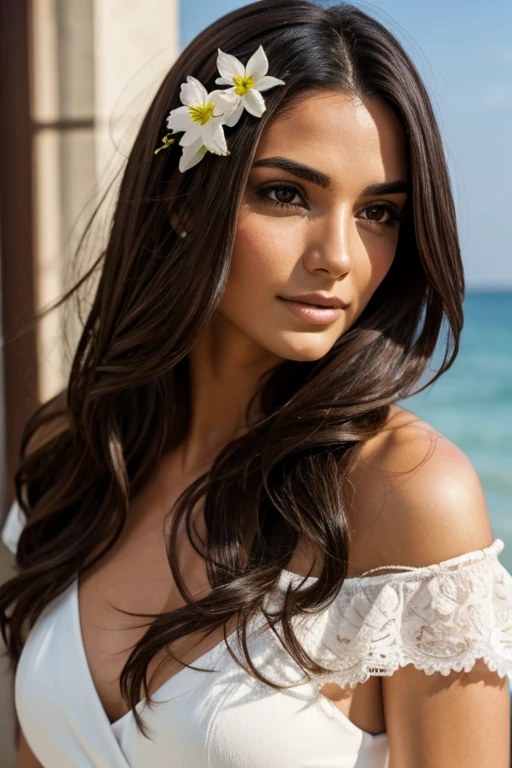 30 year old woman,slim,brunette,with a pronounced nose,thick lips,clear brown eyes, long loose hair , negro, under the shoulder,with light and blunt lequillo, with flowers in her hair, with short and thin eyebrows