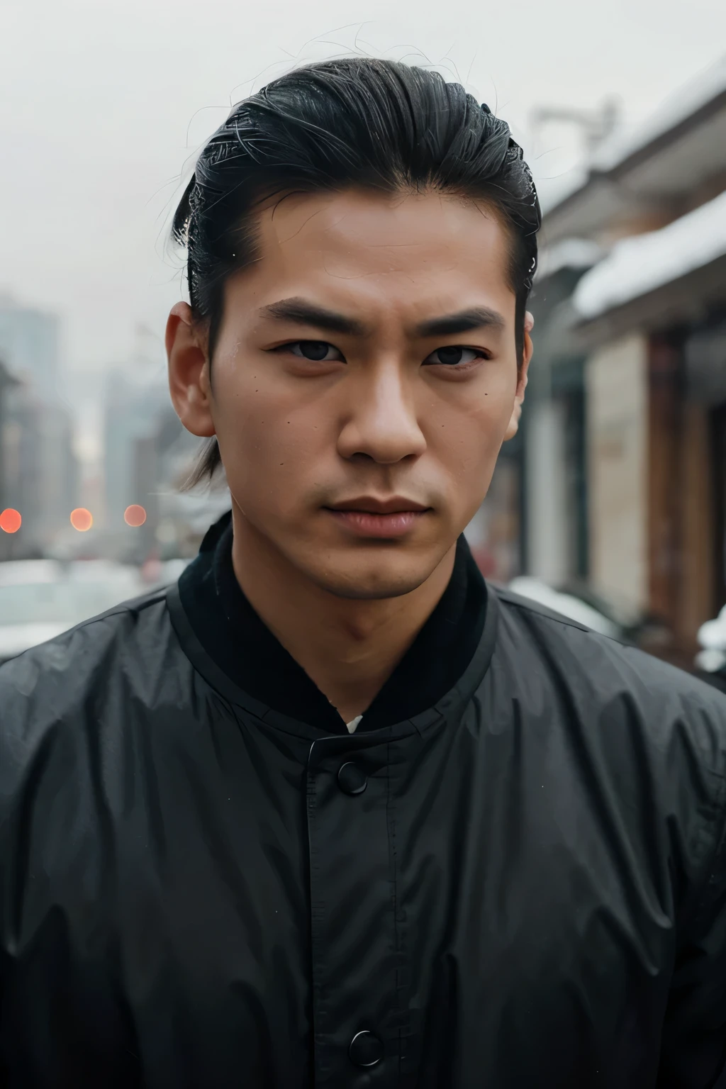 the hero his ASIAN handsome ,asian eyes , slicked back
hairstyle , hair length next to the ear and behind the cold face