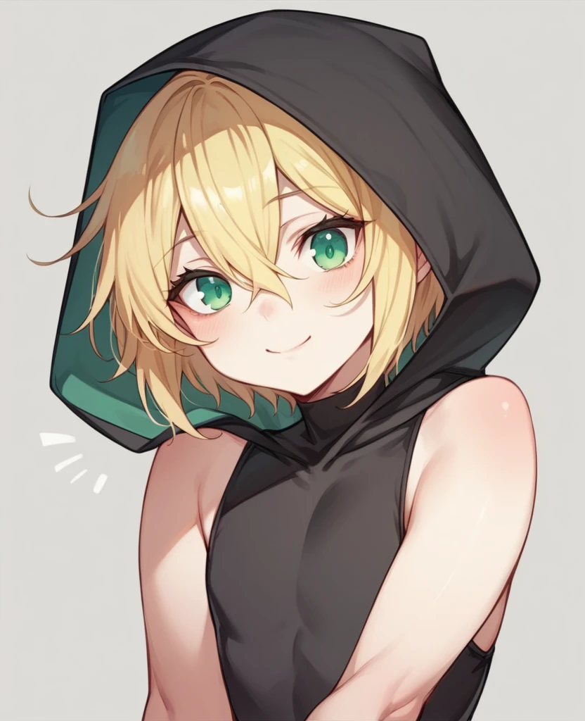 (One girl)、((short hair))、((Blonde))、(Sato Air)、((boyish))、Crossdresser、((flat chest))、green eyes、plump、Black hood、Black sleeveless、((hairs between eyes))、light smile