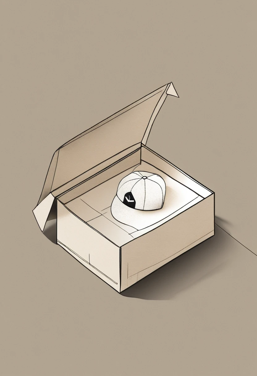 a drawing of a baseball cap, in a box, packaging, product design, simple, sketch