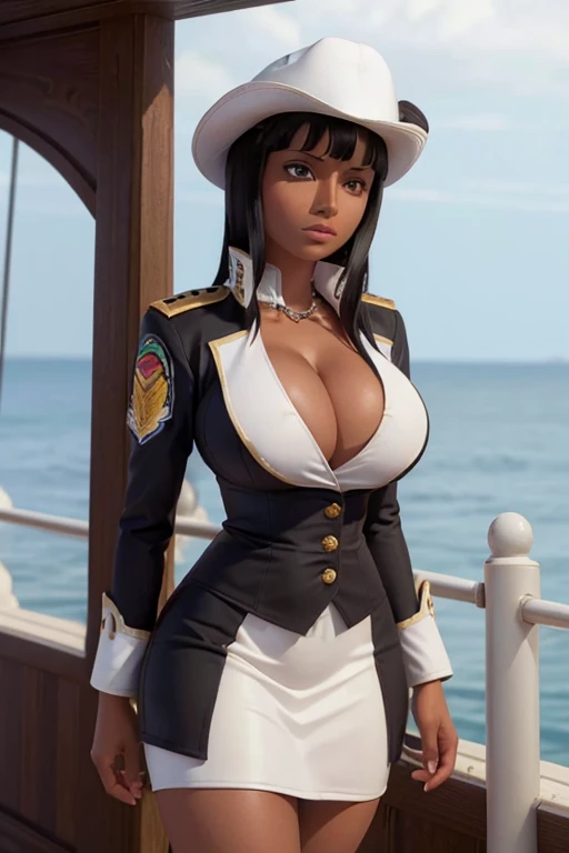 (masterpiece), best quality, expressive eyes, perfect face, front lighting, (outside at sea onboard a Marine Battleship background), (posing), (seductive look), (cleavage view), (1girl, Nico Robin, milf, latina, dark skin, short black hair with bangs, straight flat hairstyle, brown eyes, hourglass figure, thick body, curvy body, large breasts, huge breasts, oppai, large cleavage, wide hips, thick thighs), (white button suit jacket dress, long sleeve, exposed breasts, white skirt, shoulder pads with tassles, marine badges, marine ribbons and medals pinned on clothes, marine captain hat),