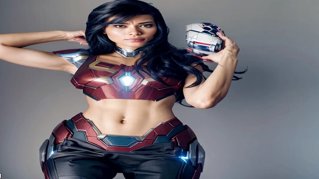 mulher aranha em um traje futurista do Homem de ferro, marvel style, mcu, tony stark, Homem de ferro, in the background a futuristic city