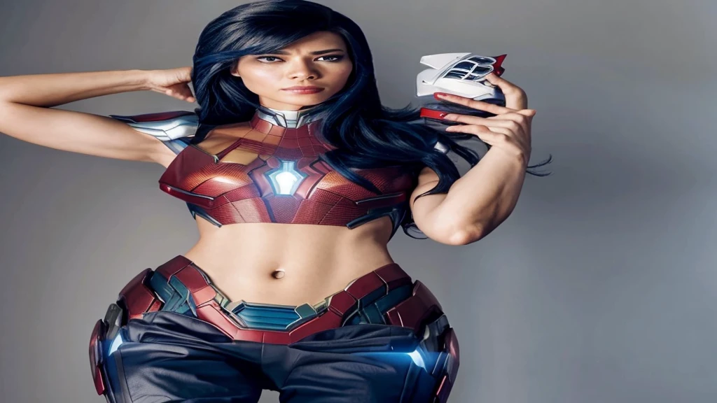 mulher aranha em um traje futurista do Homem de ferro, marvel style, mcu, tony stark, Homem de ferro, in the background a futuristic city