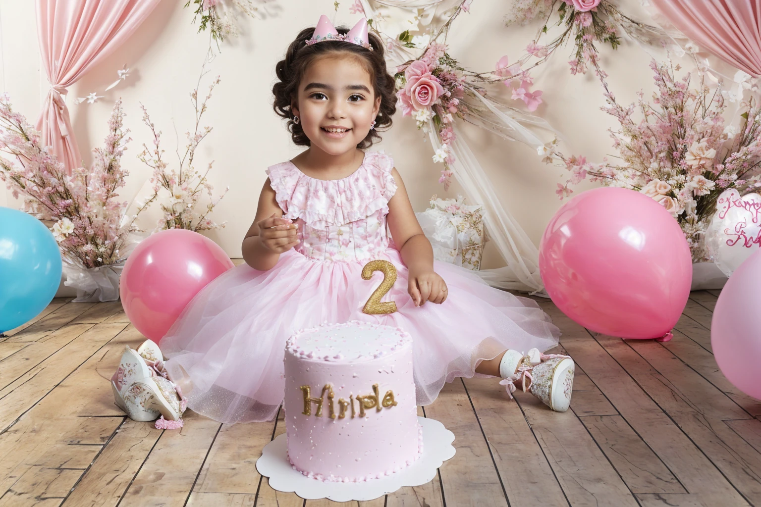 araffe girl in a pink dress sitting on a cake with balloons, , complex background, 1614572159, portrait photo, Photography de modelaje, edited, Konica Minolta, cute and lovely, magical mood, birthday , happy birthday, birthday cake on the ground, added detail, Photography