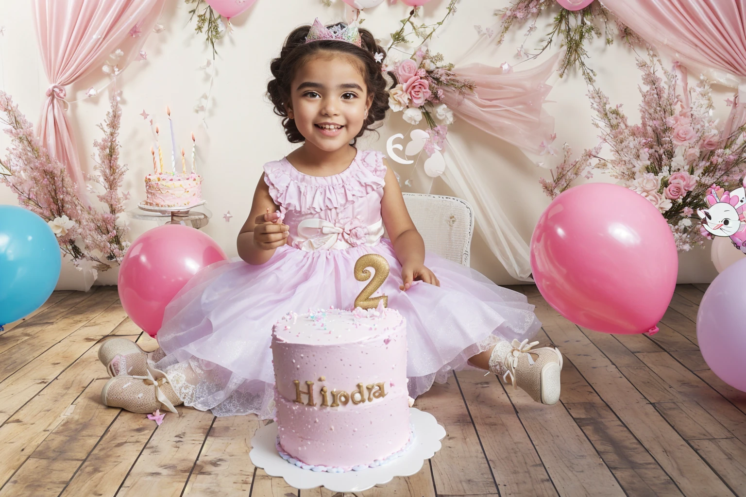 araffe girl in a pink dress sitting on a cake with balloons, 2 , complex background, 1614572159, portrait photo, Photography de modelaje, edited, Konica Minolta, cute and lovely, magical mood, birthday , happy birthday, birthday cake on the ground, added detail, Photography