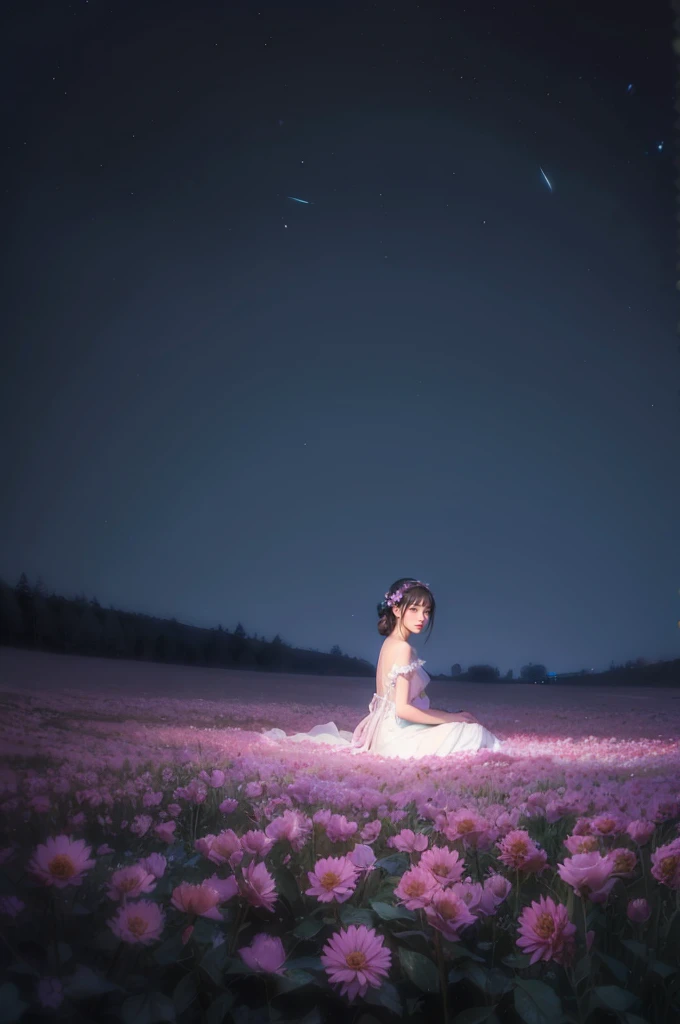 The girl is solo, sitting and looking directly at the viewer, her eyes glowing with an ethereal light.
The scene is set against a greyscale background with a vividly colored purple hue, adding a surreal and dreamlike quality to the image. Ray tracing and bokeh effects are used to create a sense of depth and focus, with light particles and a soft glow enhancing the overall ambiance.
The girl is surrounded by an array of flowers, their petals detailed and realistic, creating a natural and organic feel. A star trail in the background adds a cosmic element to the scene, while chromatic aberration adds a touch of artistic flair.
The perspective is from the side and slightly below, giving the viewer a unique and intimate view of the girl. This angle highlights her delicate features and the intricate details of her attire.
The use of Hiten1 style in the creation of this image ensures a unique and captivating visual experience, blending realism with artistic expression to create a truly stunning and memorable piece.
