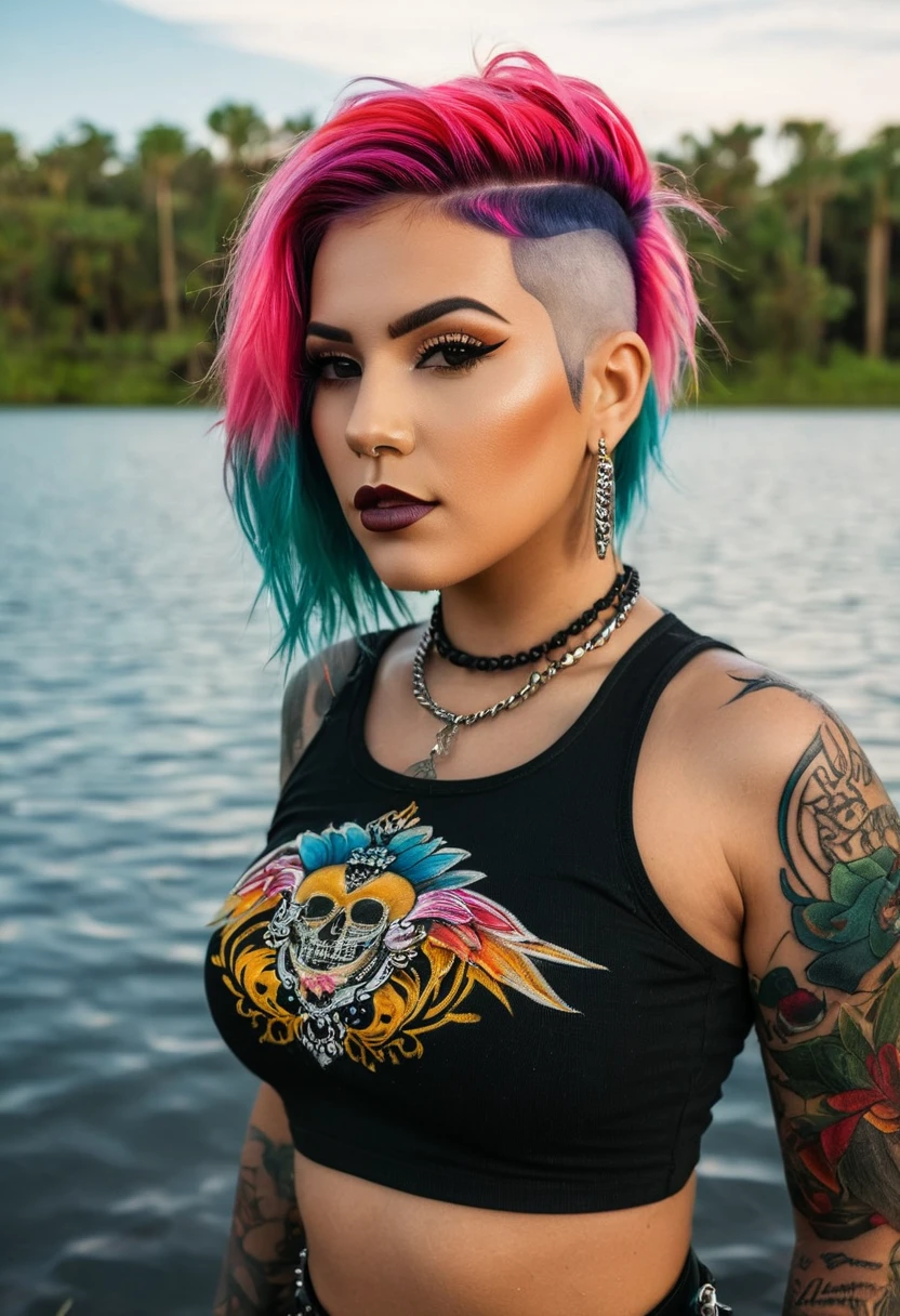 ((best quality)), ((masterpiece)), (detailed), perfect face, Sexy hot mexican young (((punk girl))), colorful hair, standing in a lake wearing a little black croptop shirt, posing for the camera, beautiful backdrop, perfect out door light portrait raw photography, hyper realistic, intricate, realistic skin texture, (((curvy slim body))), Tattooed, piercings, natural lighting