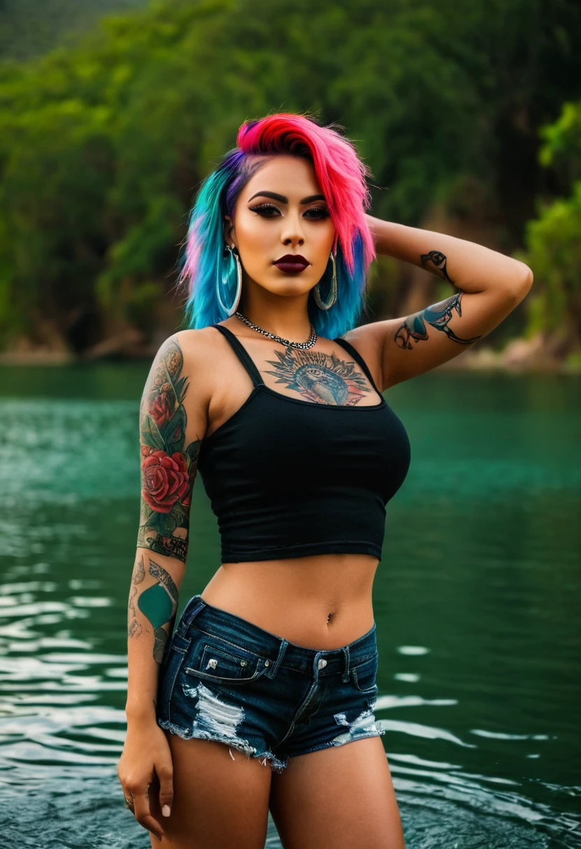 ((best quality)), ((masterpiece)), (detailed), perfect face, Sexy hot mexican young (((punk girl))), colorful hair, standing in a lake wearing a little black croptop shirt, posing for the camera, beautiful backdrop, perfect out door light portrait raw photography, hyper realistic, intricate, realistic skin texture, (((curvy slim body))), Tattooed, piercings, natural lighting