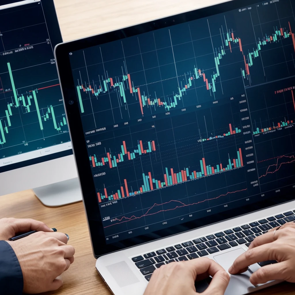 A professional-style image representing the theme of trading. In the center of the image, a candlestick chart showing upward and downward trends, with trend lines and technical indicators. The background is a soft blue, with subtle elements reminiscent of technology and finance, such as numbers and charts in transparency. At the top, the text 'Trading is my Passion' in an elegant and modern font, centered and prominently displayed. Include additional details like a stylized figure of a trader holding a laptop or tablet, looking at the chart with an expression of focus and determination. The image should convey professionalism, passion, and expertise in trading