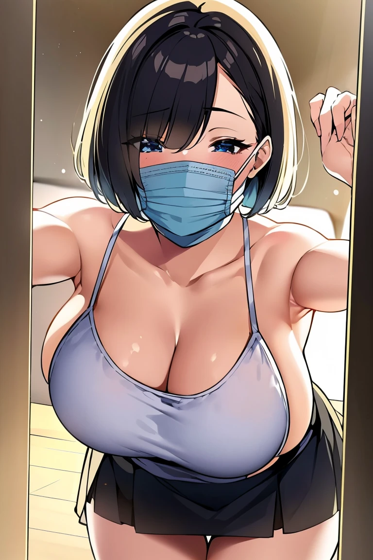 top-quality, masterpiece, high-detail, Photonic style, 16k picture quality, 1girl in, Facing the front, a close up of a woman wearing a mask (white surgical mask, surgical mask fit his face:1.2), black tank crop top, black skirt, Short Bob Hair, she is about 24 years old, pov_doorway, blush, looking_at_viewer, orgasm_face, ((medium breasts, large round breasts,:1.2)), Perfect fit, depth Field of view, Perfect realistic image, Meticulous background, detailed costumes, Perfect lighting, medium shot, Show the armpits, open the inseam quite wide