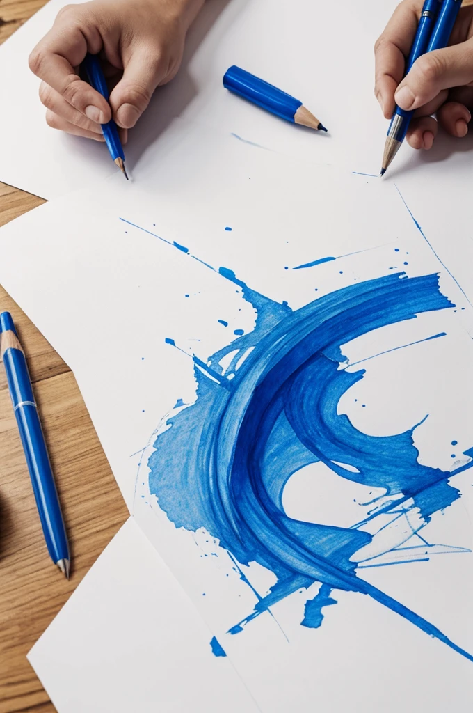 An artist drawing with a blue pen, with all the other failed drawing models crumpled and lying all over the place