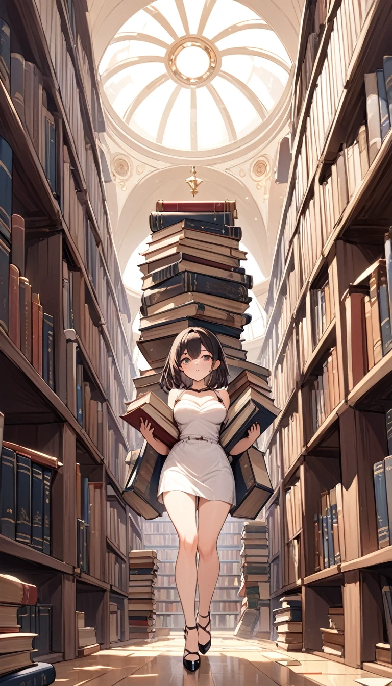 large library, huge shelves, dome, books and scrolls on the floor, a certain disorder, a sexy girl carries a very heavy load of books between its aisles