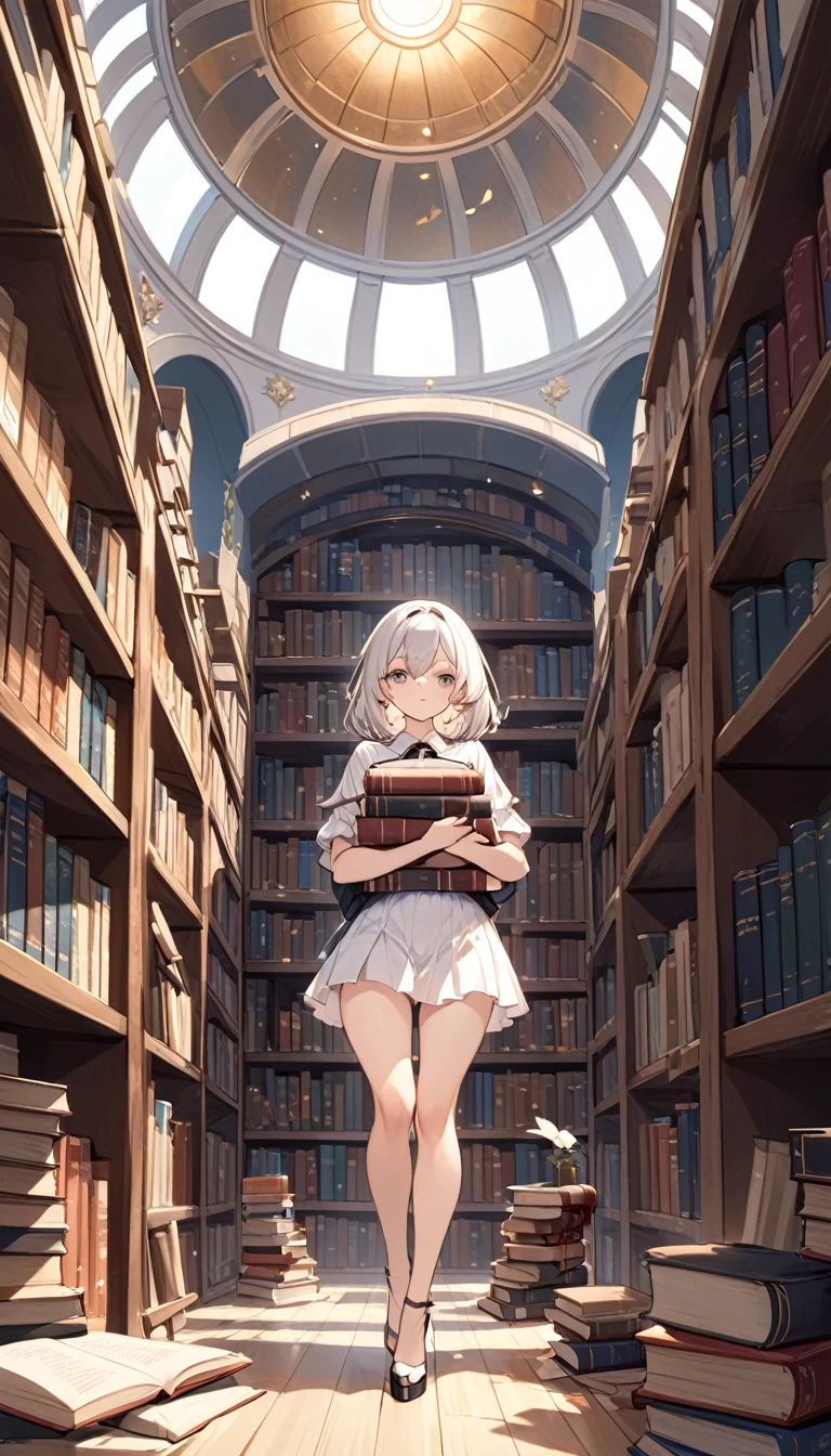 large library, huge shelves, dome, books and scrolls on the floor, a certain disorder, a sexy girl carries a very heavy load of books between its aisles
