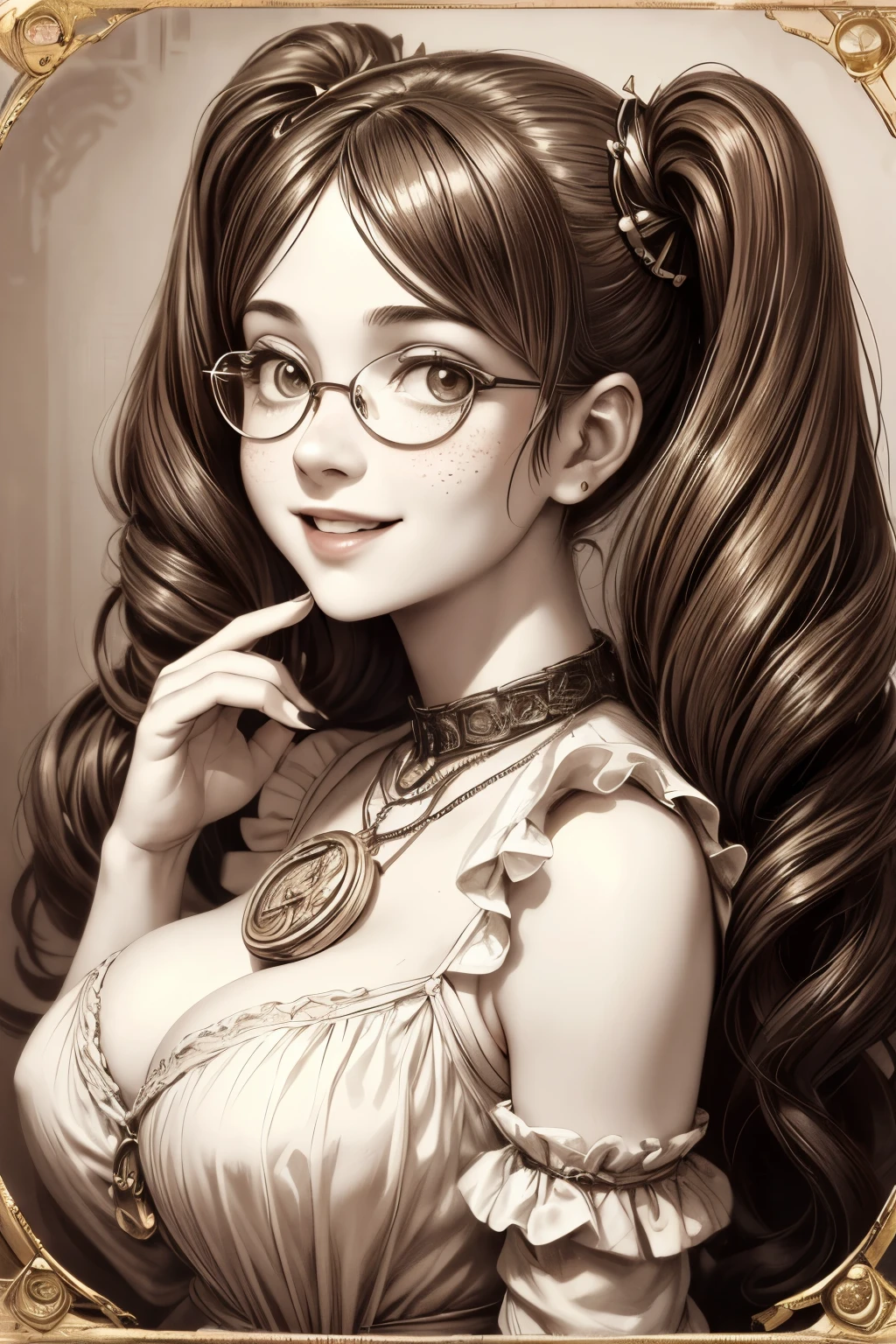 (masterpiece), best quality, expressive eyes, perfect face, Artwork, best quality, ultra-detailed, 1girl, long hair, 1930s vintage photography, monochrome dress, vintage color palette, curly hair, ((hand drawing art)), dress with ruffles, smiling smile, freckles on face, ((old photo effect)), large breasts, ((sepia effect)), breasts larger than head, ((portrait in a medallion)), ((locket)), ((pic in locket)), pov hands, ((portrait in round medallion)), photo of a woman in a locket, drawning concept design, signature at the bottom of the photo, Initials T.J in signature, face profile photography, round glasses, flashy neckline, face profile photography, lipstick in pic, shining eyes, twintails, laughing laugh, laughing