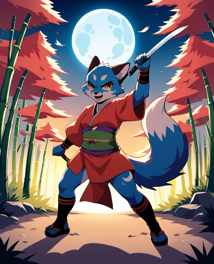 Top quality ultra-fine illustrations, movie posters, Zatoichi, Blind Swordsman(bamboo forest, dark night with beautiful full moon, rays of light through bamboo, backlighting, Tyndall phenomenon)(beautiful face and eyes, down to the details)Absurd perfect anatomy((Beastman, fighting, battle))(furry, pairs, boy with girls on his back, Japan kimono, ninja, sword with blue flames, battle duels, concentration lines)(Furry Antro)((((Furry body, animal facial features, animal body features)))) (((((Highly detailed fur of the animal)))))full body, sturdy look, shouting, combat regime (dynamic pose),