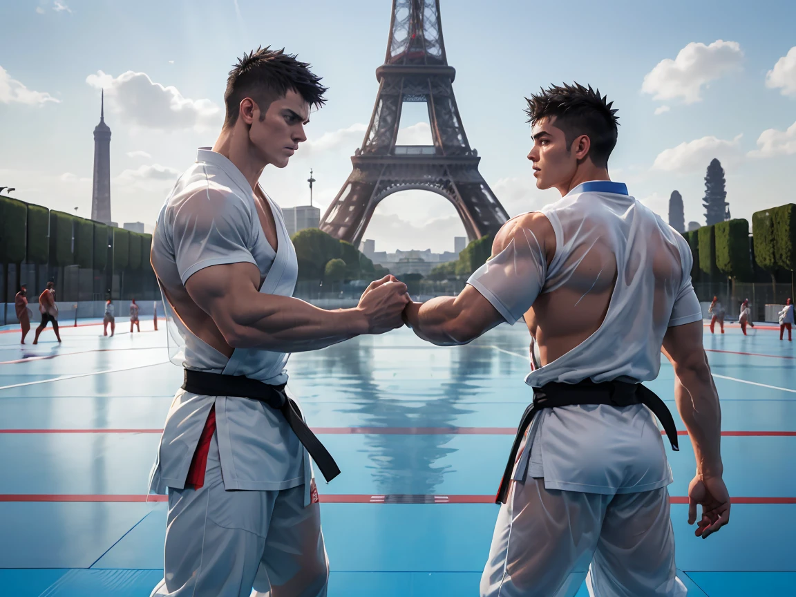 2men standing side-by-side, wrestlers, European, patting each other's shoulder, wearing detailed transparent karate gi, wearing detailed wet karate gi, outdoor Olympic arena in front of Eiffel Tower, black hair, short hair, spiky hair, fight scene, sad faces, ((facing camera)), noon, black belt