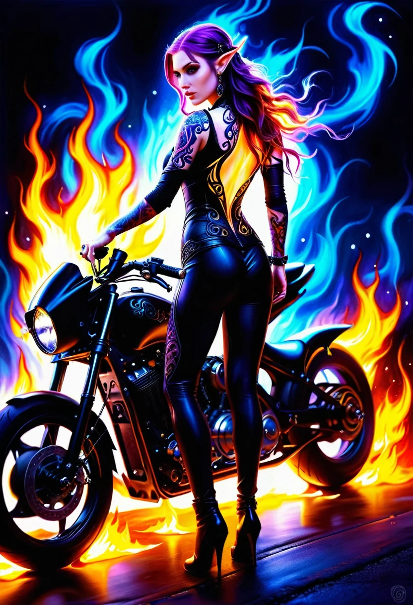 Arafed, Dark fantasy art, fantasy art, goth art, a picture of a of a tattooed female elf near her motorcycle (masterwork, best detailed, ultra detail: 1.5)  the tattoo is vivid, intricate detailed coming to life from the ink to real life, GlowingRunesAI_purple, ((fire surrounds the motorcycle: 1.5)), shot taken from the back, ((the back is visible: 1.3), she wears a transparent black dress, the dress is elegant, flowing, elven style, that the tattoos glow, dynamic hair color, dynamic hair style, high details, best quality, 16k, [ultra detailed], masterpiece, best quality, (extremely detailed), dynamic angle, full body shot, faize,, Digital Painting