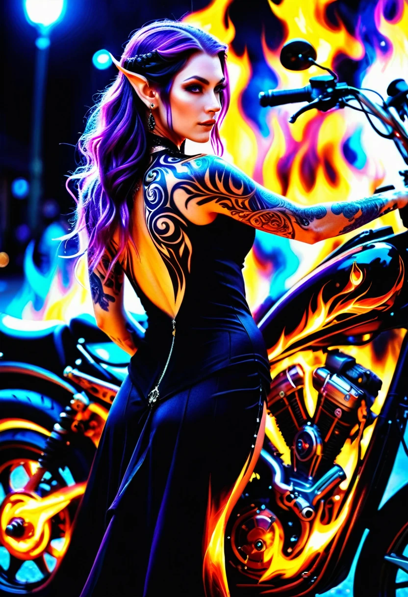 Arafed, Dark fantasy art, fantasy art, goth art, a picture of a of a tattooed female elf near her motorcycle (masterwork, best detailed, ultra detail: 1.5)  the tattoo is vivid, intricate detailed coming to life from the ink to real life, GlowingRunesAI_purple, ((fire surrounds the motorcycle: 1.5)), shot taken from the back, ((the back is visible: 1.3), she wears a transparent black dress, the dress is elegant, flowing, elven style, that the tattoos glow, dynamic hair color, dynamic hair style, high details, best quality, 16k, [ultra detailed], masterpiece, best quality, (extremely detailed), dynamic angle, full body shot, faize,, Digital Painting