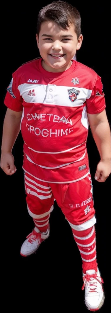 Create a Funko Pop figure of a boy with short dark hair, smiling with tongue slightly out. The boy is wearing a red football uniform with the number 8 on the shirt, which also says &#39;Cafeteria Hiroshima.&#39; He&#39;s wearing red shorts with white stripes, red socks and white boots with red details. The background should suggest a football field with a clear blue sky and some vegetation in the distance.