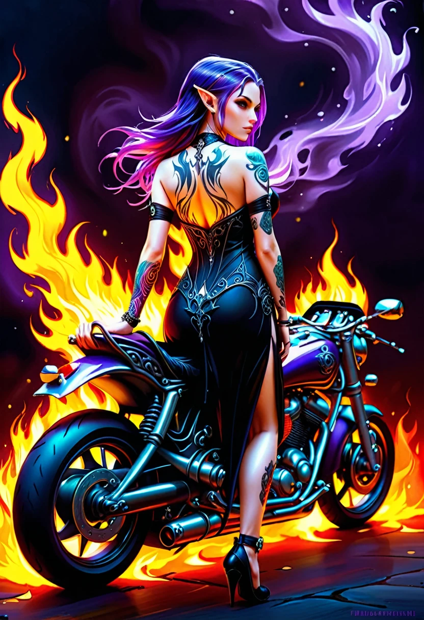 Arafed, Dark fantasy art, fantasy art, goth art, a picture of a of a tattooed female elf near her motorcycle (masterwork, best detailed, ultra detail: 1.5)  the tattoo is vivid, intricate detailed coming to life from the ink to real life, GlowingRunesAI_purple, ((fire surrounds the motorcycle: 1.5)), shot taken from the back, ((the back is visible: 1.3), she wears a transparent black dress, the dress is elegant, flowing, elven style, that the tattoos glow, dynamic hair color, dynamic hair style, high details, best quality, 16k, [ultra detailed], masterpiece, best quality, (extremely detailed), dynamic angle, full body shot, faize,, Digital Painting