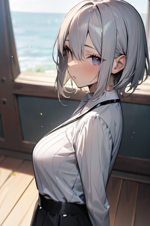 (One girl, 28 years old:1.3), (Realistic:1.4), (masterpiece, highest quality, highest quality, Official Art), Very detailed, Most detailed, (Super detailed), ((Very delicate and beautiful)), Cinematic Light, (Realistically:1.3), (Highly detailed skin:1.2), High resolution, 8k UHD, 4K, 8k, Bokeh, Digital single-lens reflex camera,（Cute older sister:1.3）、Long eyelashes、Slanted Eyes、Spring atmosphere、Troubled face、noon、Aggressive、((Strong winds))、 Dynamic Angle, From above, Moderately breasted、Cleavage、 V-neck, Spread your legs a little、White Henley Shirt、skirt、Silver Hair、shy、Wet、Gazing at the sky、Face facing up