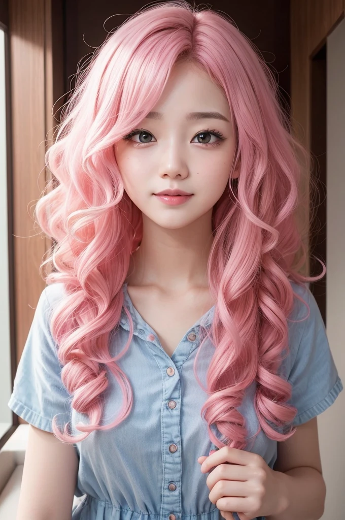 an emotion of fun mind with pink skin curly hair