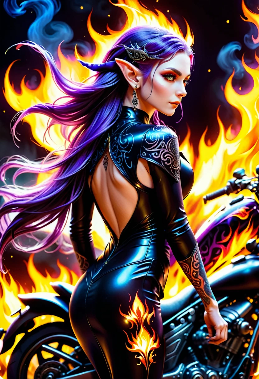 Arafed, Dark fantasy art, fantasy art, goth art, a picture of a of a tattooed female elf near her motorcycle (masterwork, best detailed, ultra detail: 1.5)  the tattoo is vivid, intricate detailed coming to life from the ink to real life, GlowingRunesAI_purple, ((fire surrounds the motorcycle: 1.5)), shot taken from the back, ((the back is visible: 1.3), she wears a transparent black dress, the dress is elegant, flowing, elven style, that the tattoos glow, dynamic hair color, dynamic hair style, high details, best quality, 16k, [ultra detailed], masterpiece, best quality, (extremely detailed), dynamic angle, full body shot, faize,, Digital Painting