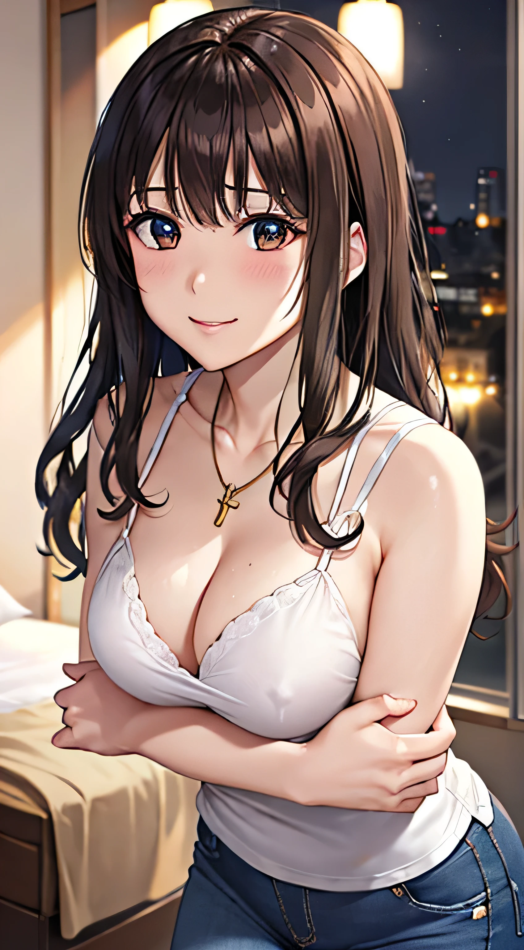 ((Tabletop, Highest quality, High resolution, , Pixel Perfect, 4K,))), 1 female, 、The whole body is visible、 ((Long Wavy Hair, bangs, Brown Hair)), ((Brown eyes, Beautiful eyelashes, Realistic eyes)), ((Detailed face, Blushing:1.2)), ((Smooth texture:0.75, Realistic texture:0.65, Realistic:1.1, Anime CG Style)), Medium sized breasts, Dynamic Angle, Perfect body, (( , , White camisole、No bra、、 Tight jeans pants、、)), Gold Hair Ornament、Cross Necklace、、Very embarrassing panic smile, 、Room with a night view、Hotel Bedroom、、、、Nipples are slightly visible、Cover your chest with your arms、、、、In the middle of changing、、、、、 、)、