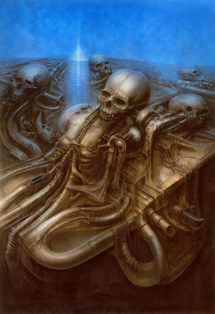 g1g3r, 0f1g, Giger_style, Giger_style, The image is a detailed view of H.R. Giger's \" biomechanical landscape V\" plate,
The tableau depicts a close-up of a group of ivory objects resembling skulls and skeletons, some of which have signs of decay.
The painting is a nightmarish biomechanical scene. In the center of the composition is a chessboard with several chess pieces scattered around it. The background is filled with biomechanical pipes and tubes. The overall feel is one of decay and desolation.
Giger’s signature artistic style, biomechanical surrealism, is on full display in this piece. Biomechanical surrealism combines human anatomy with machines. The skeletal figures in the painting are fused with mechanical parts, creating a disturbing and unsettling effect.
Here’s a more detailed description of the composition:
In the center foreground is a metallic chessboard with several metallic chess pieces scattered around it.
To the right of the chessboard is a skeletal figure hunched over tribune.
The art performance showcases the artist’s skills in observation and rendering. The level of detail in the piece suggests a close study of real bone specimens and anatomy. The artist has skillfully used shading techniques to create a convincing illusion of three-dimensionality on a flat surface.The wrinkles and cracks in the surface, and the cast shadows with accuracy, used shading techniques to create a realistic depiction of light and shadow on the objects. This creates a sense of depth and dimension in the image
The style is clearly biomechanical. Features combination of organic and mechanical forms. Mechanical elements dominate the composition, there are subtle organic hints. The use of undersaturated purple-grays dark contrasts creates a stark and graphic look. Is used a variety of linework techniques to create different textures. Fine, parallel lines create a smooth, metallic texture,while thicker, more cursive lines suggest cables or wires. Machine fills mo