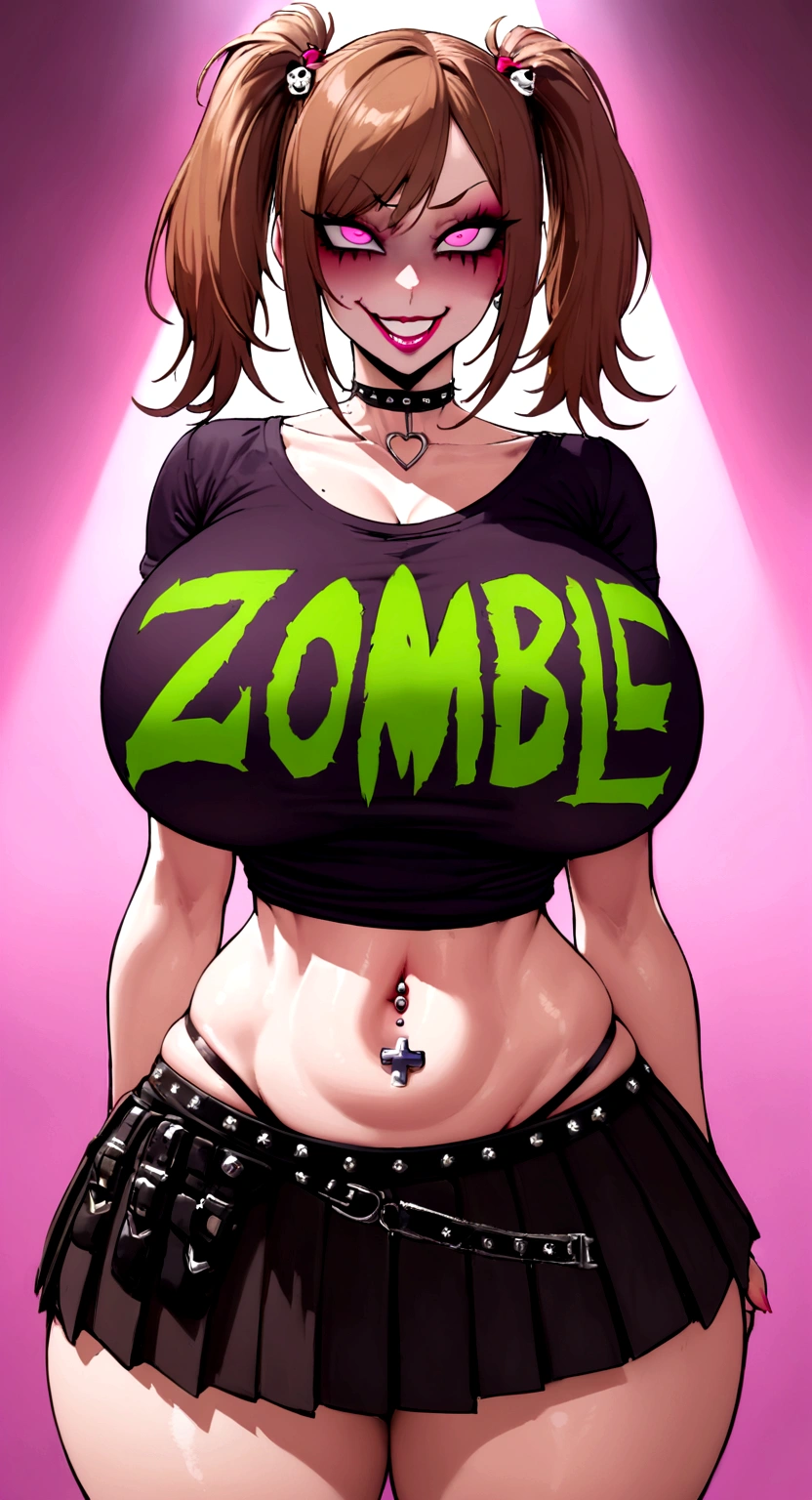 big lips, Brown hair, pink eyes, japanese face, improve, improve grin, two sides up, huge breasts, Wide hips, sexy, detailed, pink room, Hits, (evil smile1.4), kawaii, pleated skirt, punk, GOOD, zombie costume, zombie shirt, zombie choker, zombie skirt, dezombie shirt,navel piercing