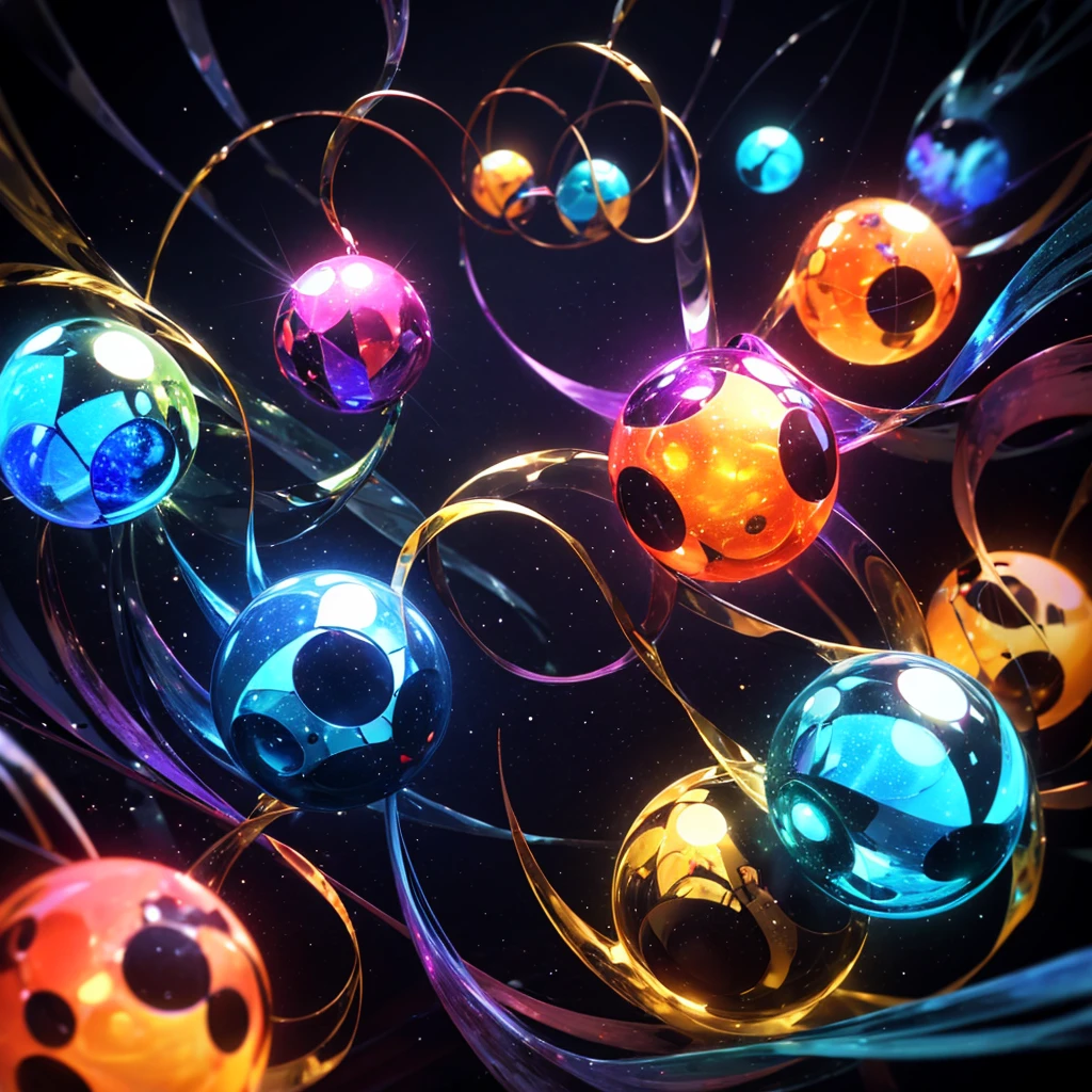 Black  crystal spheres floating in a abstract multiple color background, abstract digital art,3D projections!