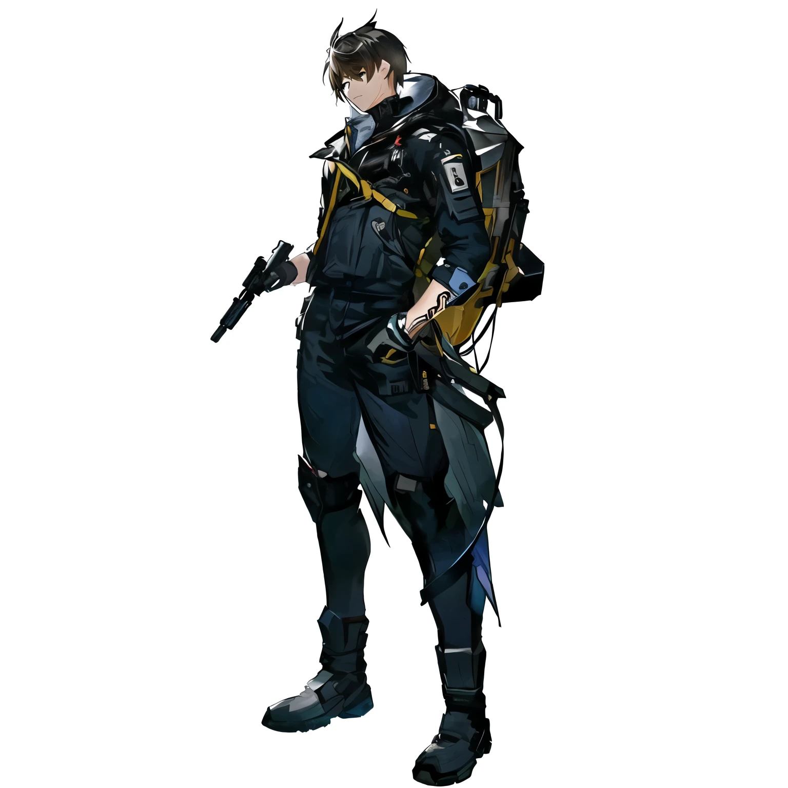 One wears、Close-up of a person holding, ( ( Character Concept Art ) ), Official Character Art, Crow in cyber armor, Shinkai Makoto ( Apex Legends ), Official character illustrations, Ark of Tomorrow, detailed Whole body concept art, from Ark of Tomorrow, Whole body concept, Clear clothing design, Play Style：Square Enix, Male military commander