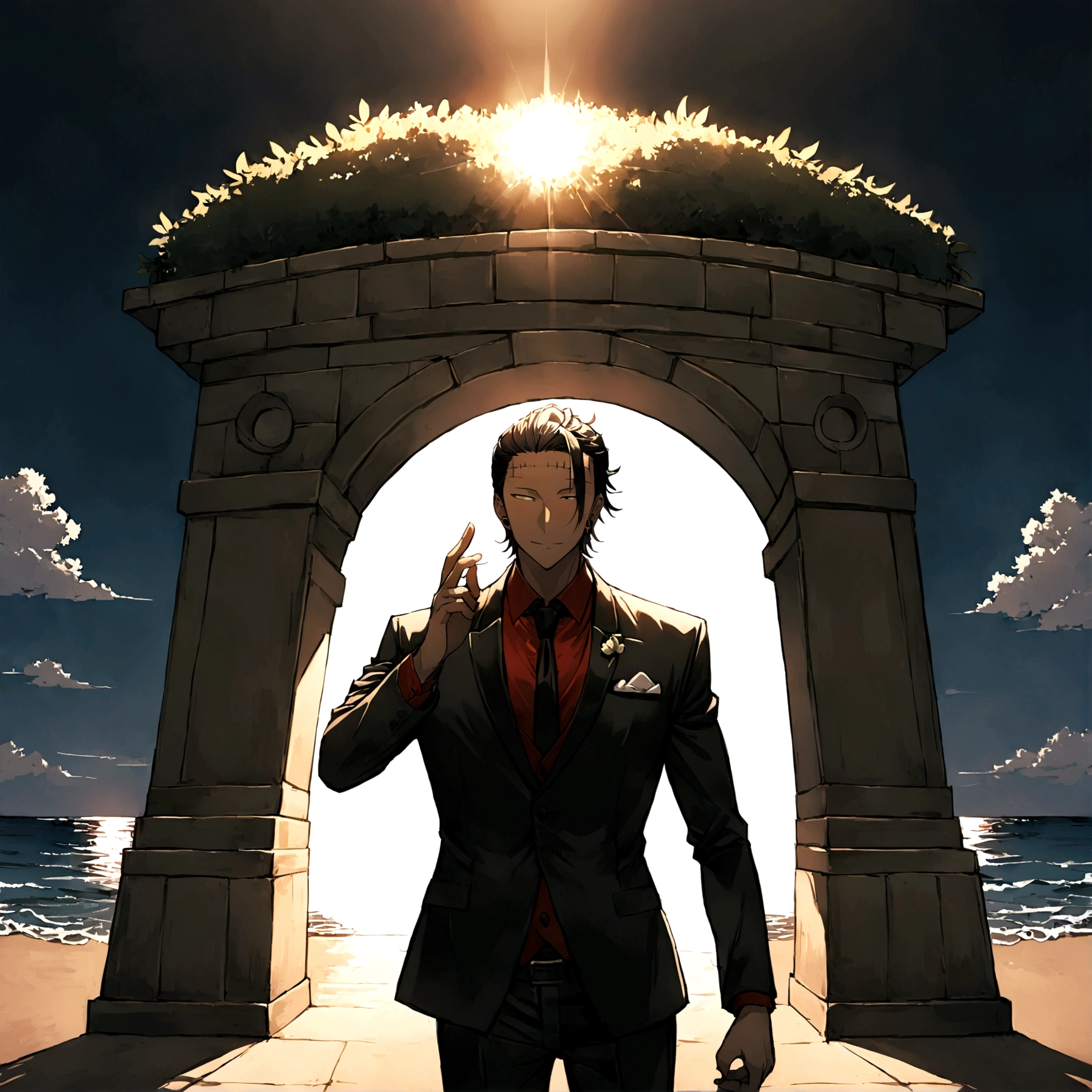 1 boy, men&#39;s Suguru Ghetto, wedding, in a black wedding suit, wearing a red shirt, to call, wedding arch, Sea, Eyes looking directly at the camera, play of light, shadow game