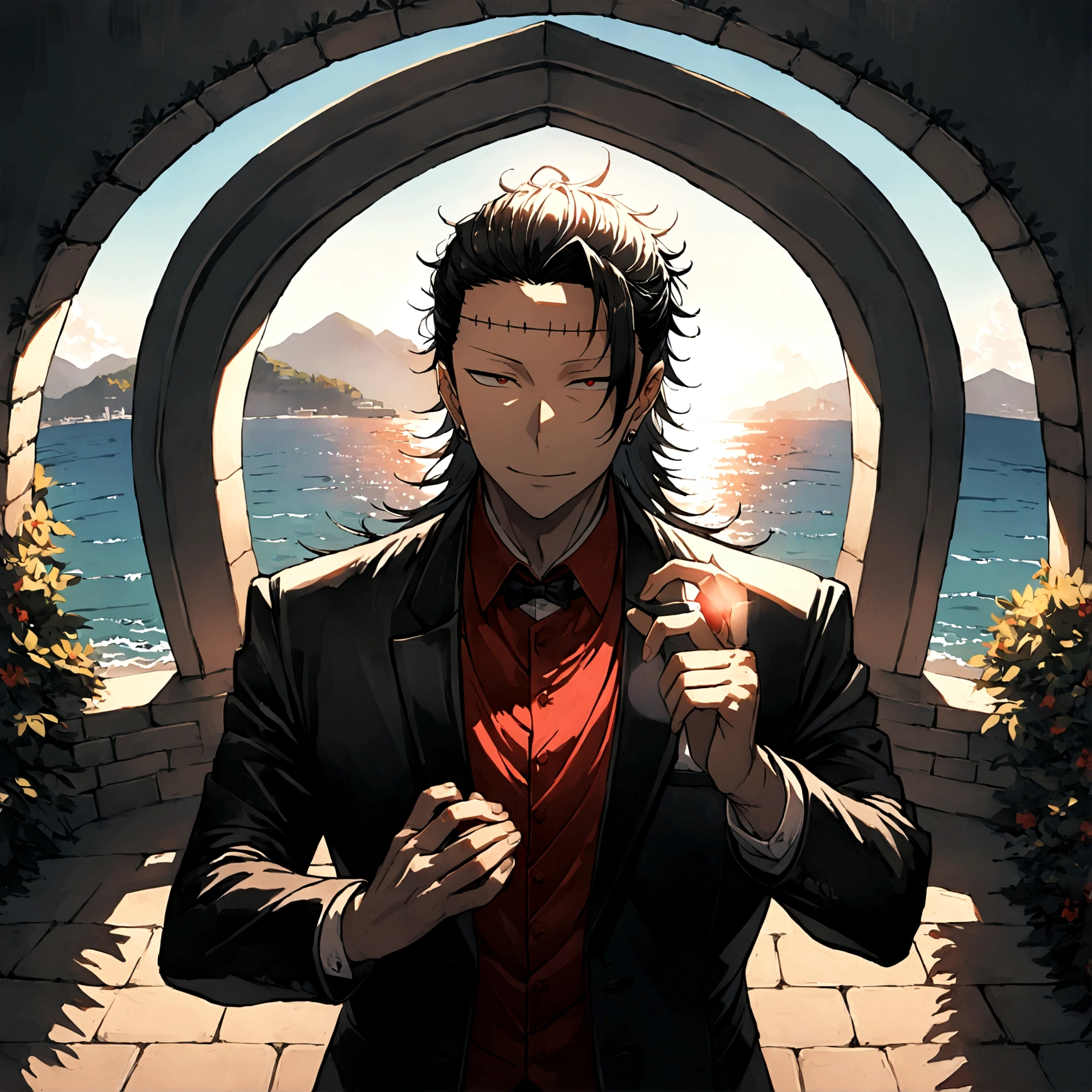 1 boy, men&#39;s Suguru Ghetto, wedding, in a black wedding suit, wearing a red shirt, to call, wedding arch, Sea, Eyes looking directly at the camera, play of light, shadow game