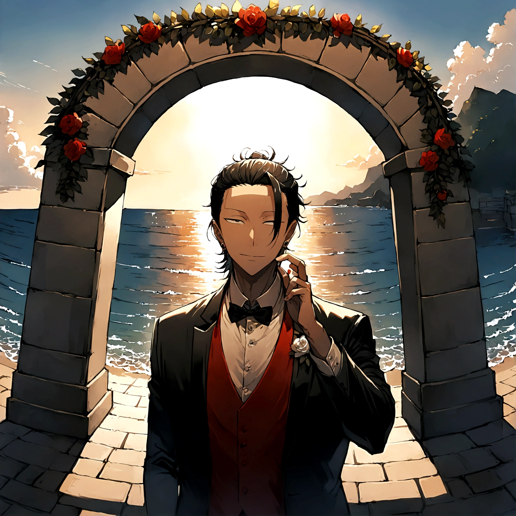 1 boy, men&#39;s Suguru Ghetto, wedding, in a black wedding suit, wearing a red shirt, to call, wedding arch, Sea, Eyes looking directly at the camera, play of light, shadow game