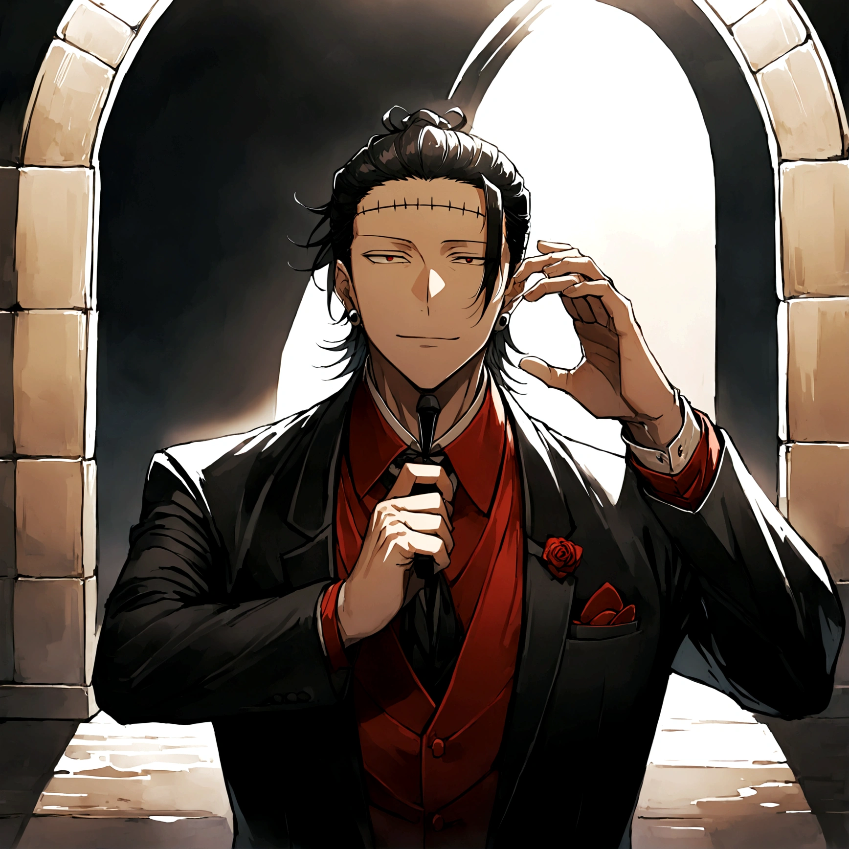 1 boy, men's Suguru Ghetto, wedding, in a black wedding suit, wearing a red shirt, to call, wedding arch, Sea, Eyes looking directly at the camera, play of light, shadow game