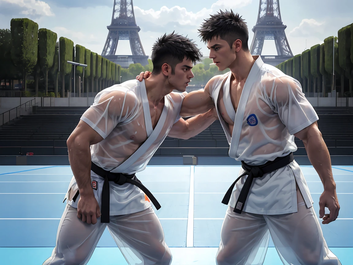 2men standing side-by-side, wrestlers, European, patting each other's shoulder, wearing detailed transparent karate gi, wearing detailed wet karate gi, wearing detailed see-through karate gi, outdoor Olympic arena in front of Eiffel Tower, black hair, short hair, spiky hair, fight scene, sad faces, ((facing camera)), noon, black belt