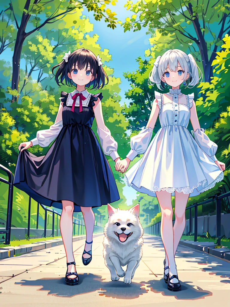 Two Girls、Very close sisters、Walk hand in hand、Having fun and being excited、They both walk with a bounce、Happy smile、A cute, cool sleeveless dress、Dogs walking side by side、(Quadrupedal Dog、Very large dog:1.4、Same height as her sister、Bushy white hairs、She is very kind and cares for her sisters.)、Nothing in my hands、Watching the audience、