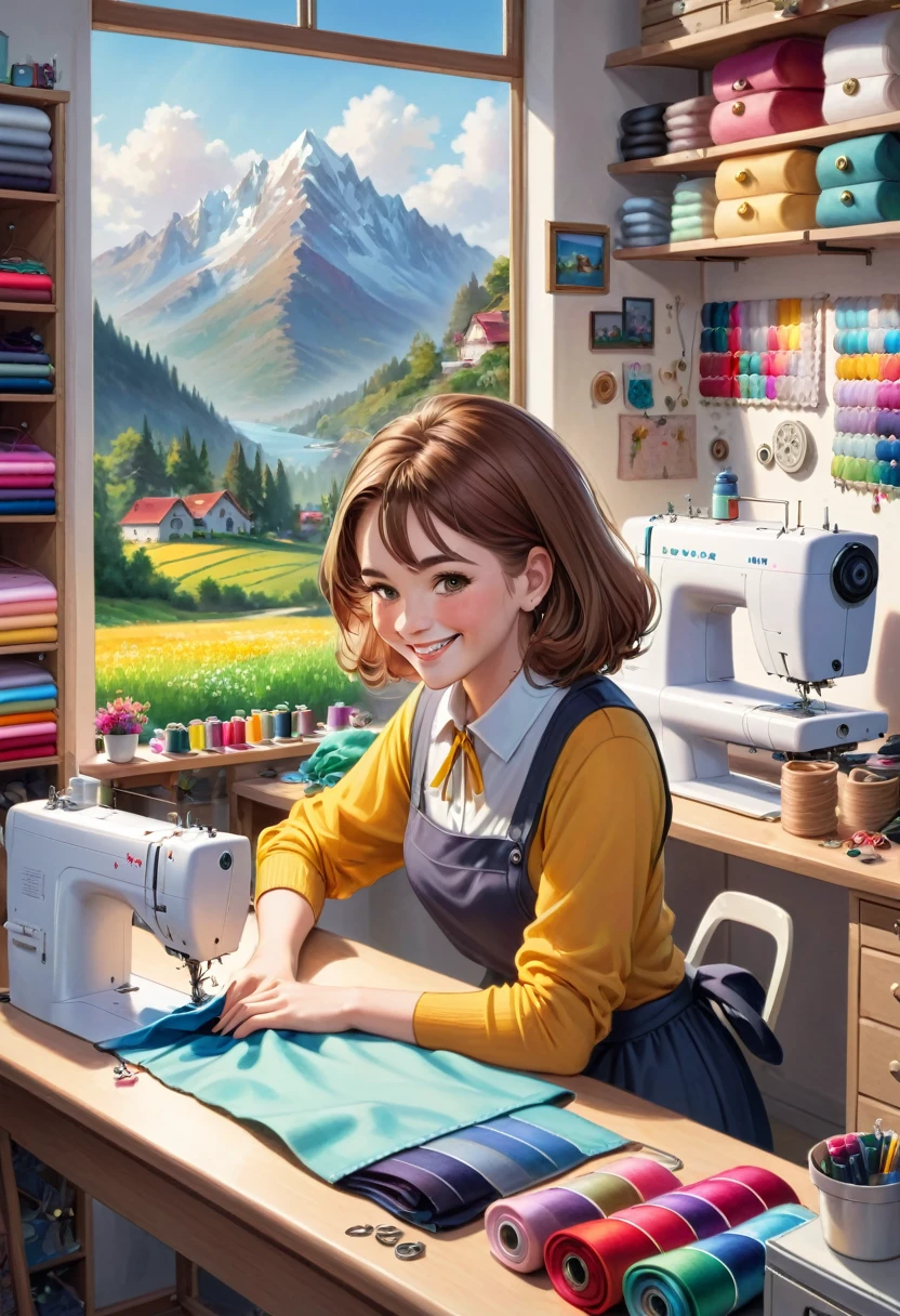 a sewing studio, big and beautiful scenery full of colors, a one woman, Grinning, long light brown hair, behind a sewing machine,