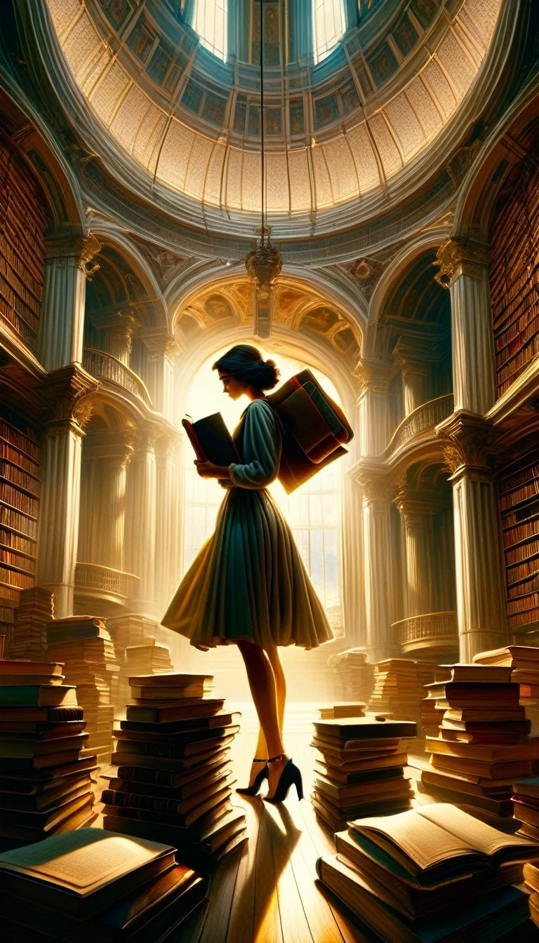 a large library with towering bookshelves, a grand domed ceiling, books and scrolls scattered on the floor, a slight sense of disarray, a beautiful woman carrying an armful of heavy books through the aisles, intricate architectural details, warm lighting, photorealistic, cinematic composition, dramatic chiaroscuro lighting, oil painting style, muted color palette, deep shadows, dramatic lighting, mystical atmosphere
