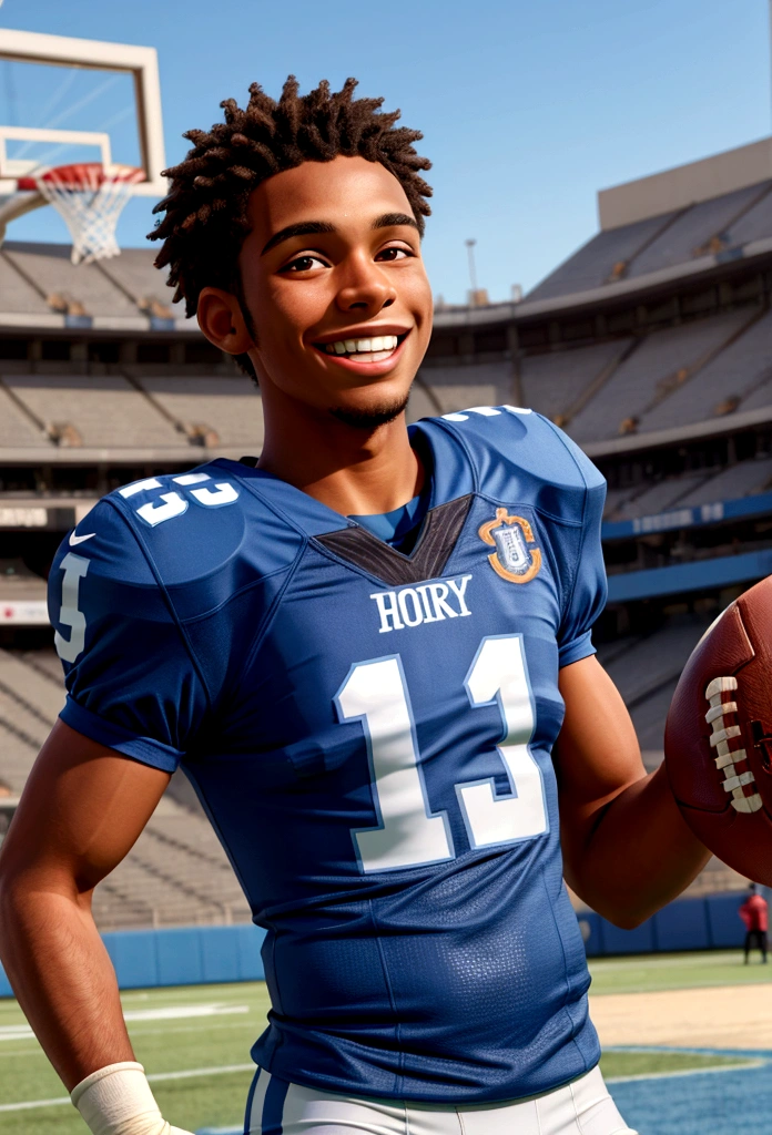 presentation of brown skin color football player smiling and happy with a blue shirt