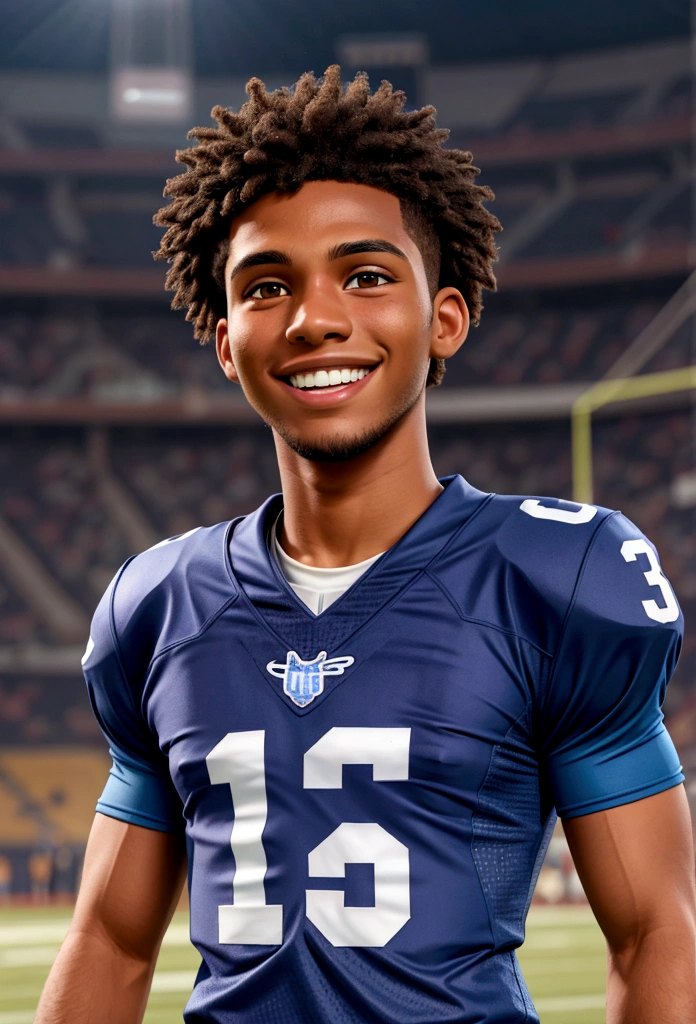 presentation of brown skin color football player smiling and happy with a blue shirt