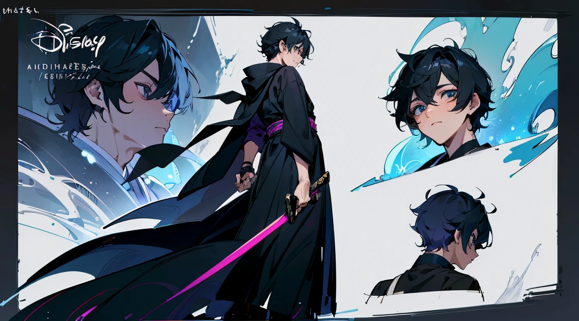 (absurdres, highres, ultra detailed), masterpiece, best quality, solo, a boy with black short hair, blue and black robe, handsome, finely eye, detailed eye, vibrant light blueeyes, detailed face, black scarf, carry one japanese sword,, from below, look down, ruined city, dark background, swirl, spark ((masterpiece)),(((best quality))),(character design sheet,same character,front,side,back), Reference sheet of a cute boy ,full body.shota,19 years old,,anime boy, full body handsome anime pose, Boy, Disney style