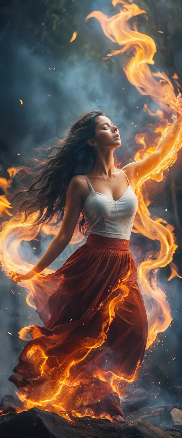 (fire element:1.1),It consists of fire element,(1 huge breasts:1.2),fire,transparency,burning,(molten rock),llama skin,Frame print,burning hair,smoke,cloud,chopped,,girl engulfed in flames, Flames fly and sparks scatter,mano burning,translucent luminescence,((( big hips, breast)))