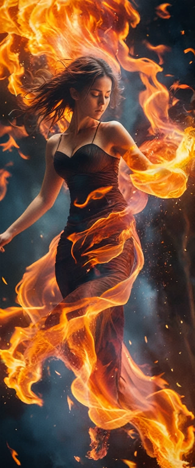 (fire element:1.1),It consists of fire element,(1 huge breasts:1.2),fire,transparency,burning,(molten rock),llama skin,Frame print,burning hair,smoke,cloud,chopped,,girl engulfed in flames, Flames fly and sparks scatter,mano burning,translucent luminescence,((( big hips, breast)))