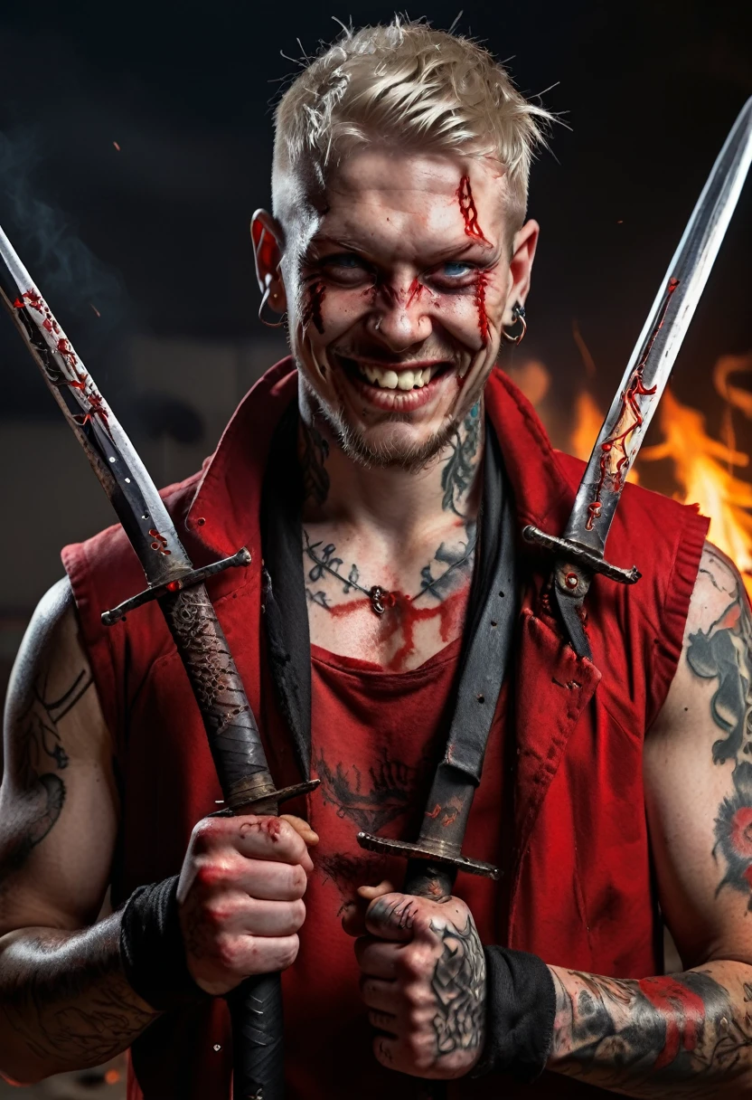 25 year old red man with pale white skin. his eyes are red and black with no trace of white, he has a bad smile and a terrifying look, he has blood around his mouth, he is athletic and he is dressed in a red sleeveless coat, and black pants and black boots, His whole body covered with tattoos of criminals, He fights with two swords. Behind Him There Are Fires, Photorealist Style [Sadistic Smile] [Sabre] [Blood Around Mouth] [Tattoo] [Man 25]