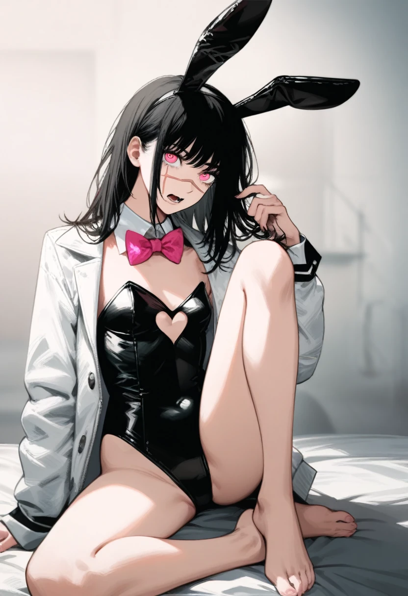 1girl, chainsaw man, rabbit hole \(vocaloid\), yoru \(chainsaw man\), absurdres, official art, solo, animal ears, bare legs, barefoot, black hair, black leotard, bow, bowtie, clothing cutout, cross scar, detached collar, fake animal ears, feet, heart cutout, jacket, knee up, leotard, open clothes, open jacket, open mouth, pink bow, pink bowtie, pink eyes, playboy bunny, playing with own hair, rabbit ears, scar, scar on cheek, scar on face, scar on nose, sitting, solo, strapless, strapless leotard, white jacket, ((very aesthetic, best quality, ultra detailed)), painterly